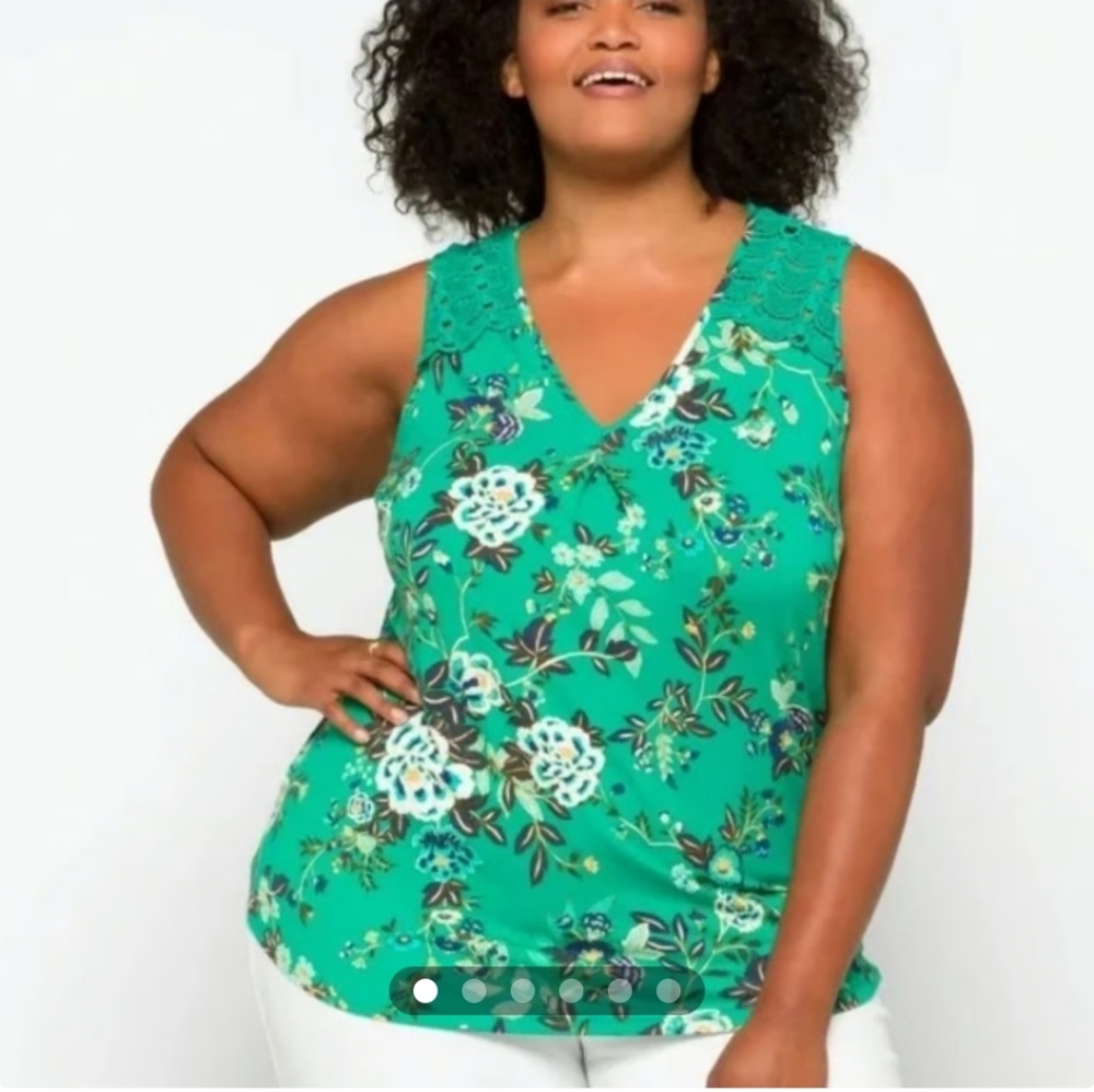 🏷️DANIEL RAINN Sleeveless Crochet Lace Green Floral-Print Cutout Tunic 2